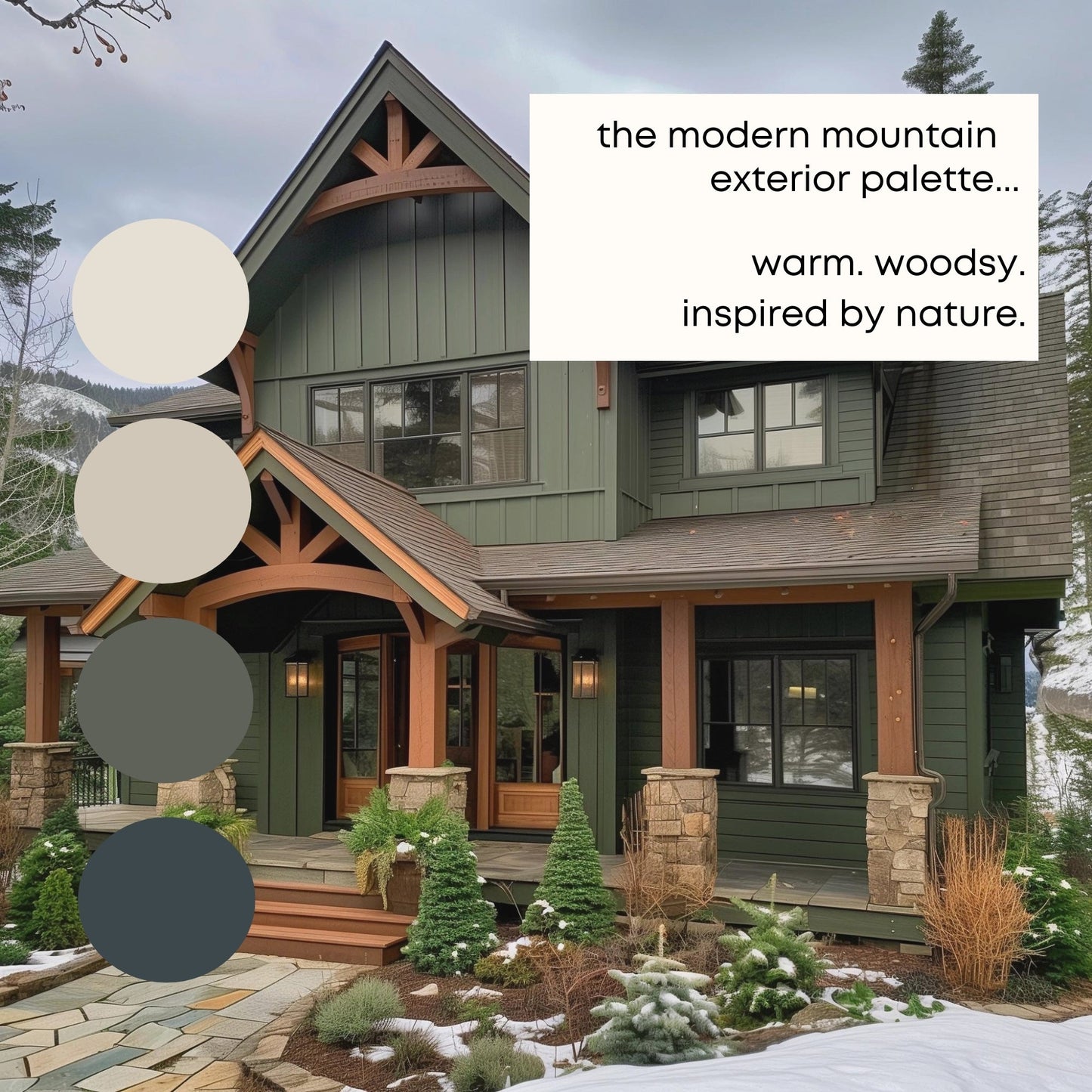 Modern Mountain Exterior Benjamin Moore Paint Palette, Neutral Interior Paint Colors, Modern Farmhouse Color Scheme, White Dove