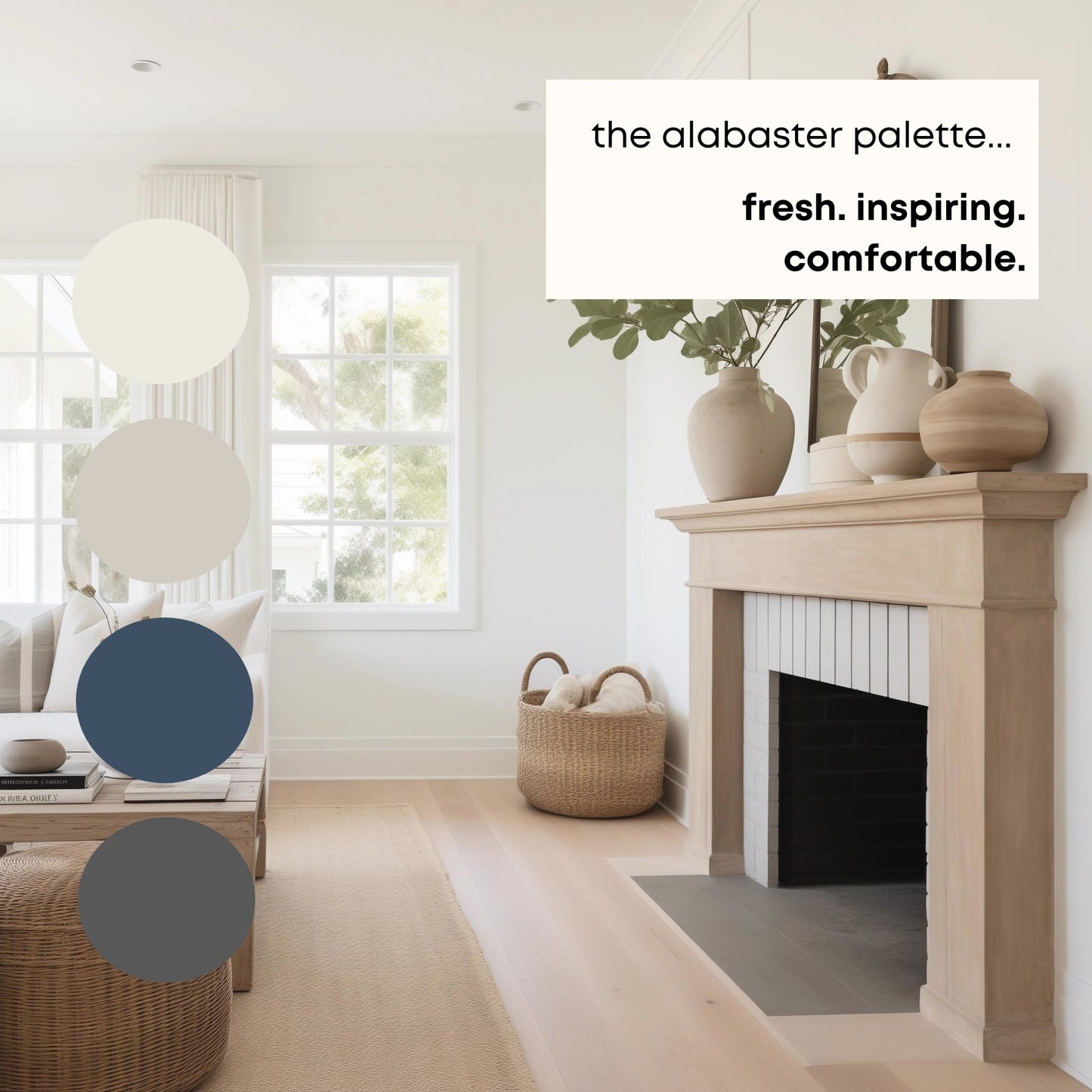 Alabaster Sherwin Williams Paint Palette, Modern Neutral Interior Paint Colors for Home, Alabaster Compliments, Warm Whites, Agreeable Gray