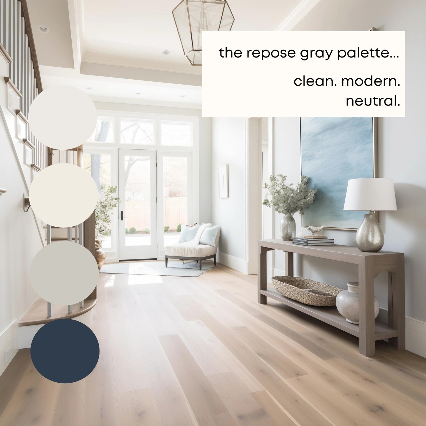 Repose Gray Sherwin Williams Paint Palette, Modern Paint Colors for Home, Repose Gray Compliments, Modern Neutrals, Tricorn Black