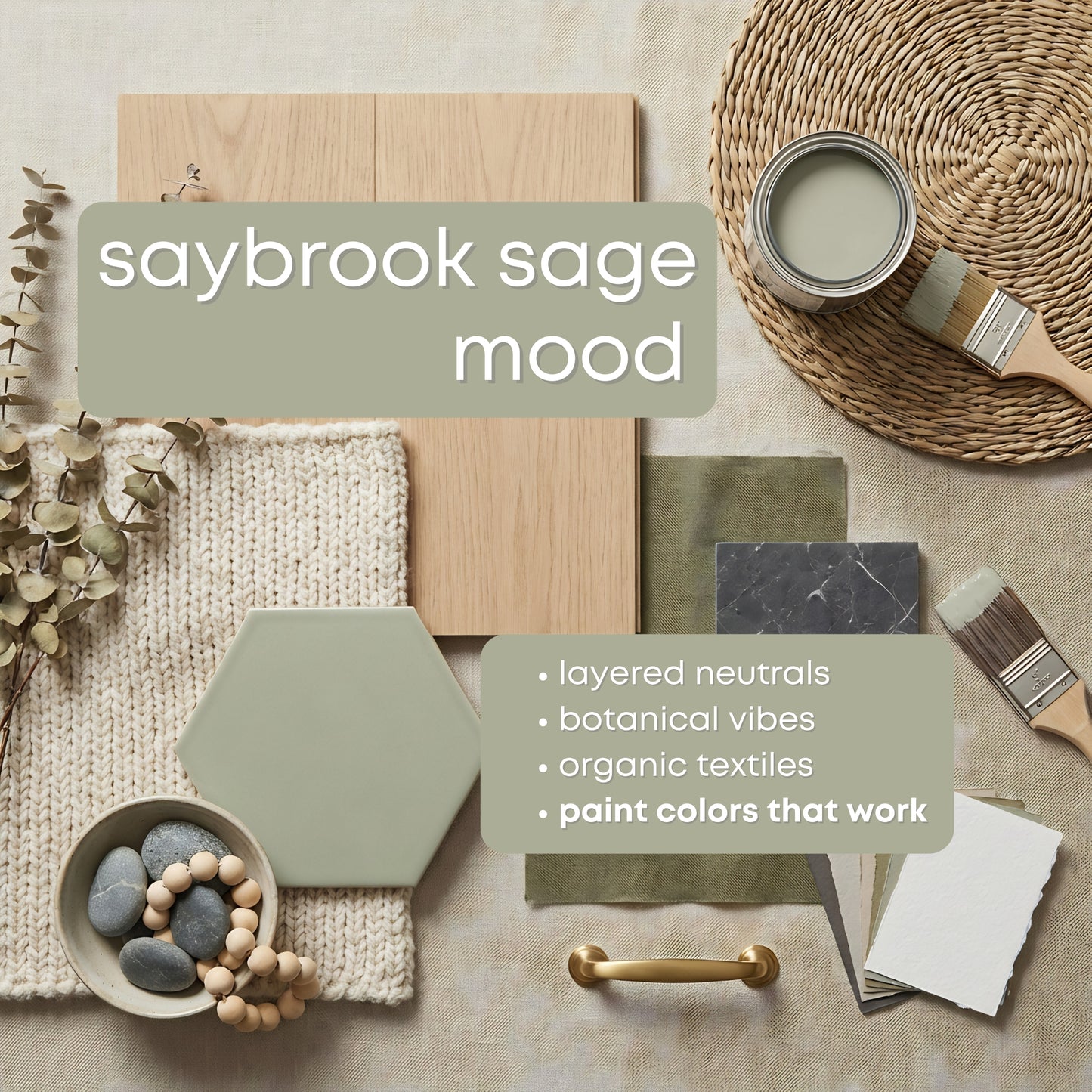 Saybrook Sage Benjamin Moore Paint Palette, Warm Neutral Interior Paint Colors, Cottage Color Scheme, White Dove