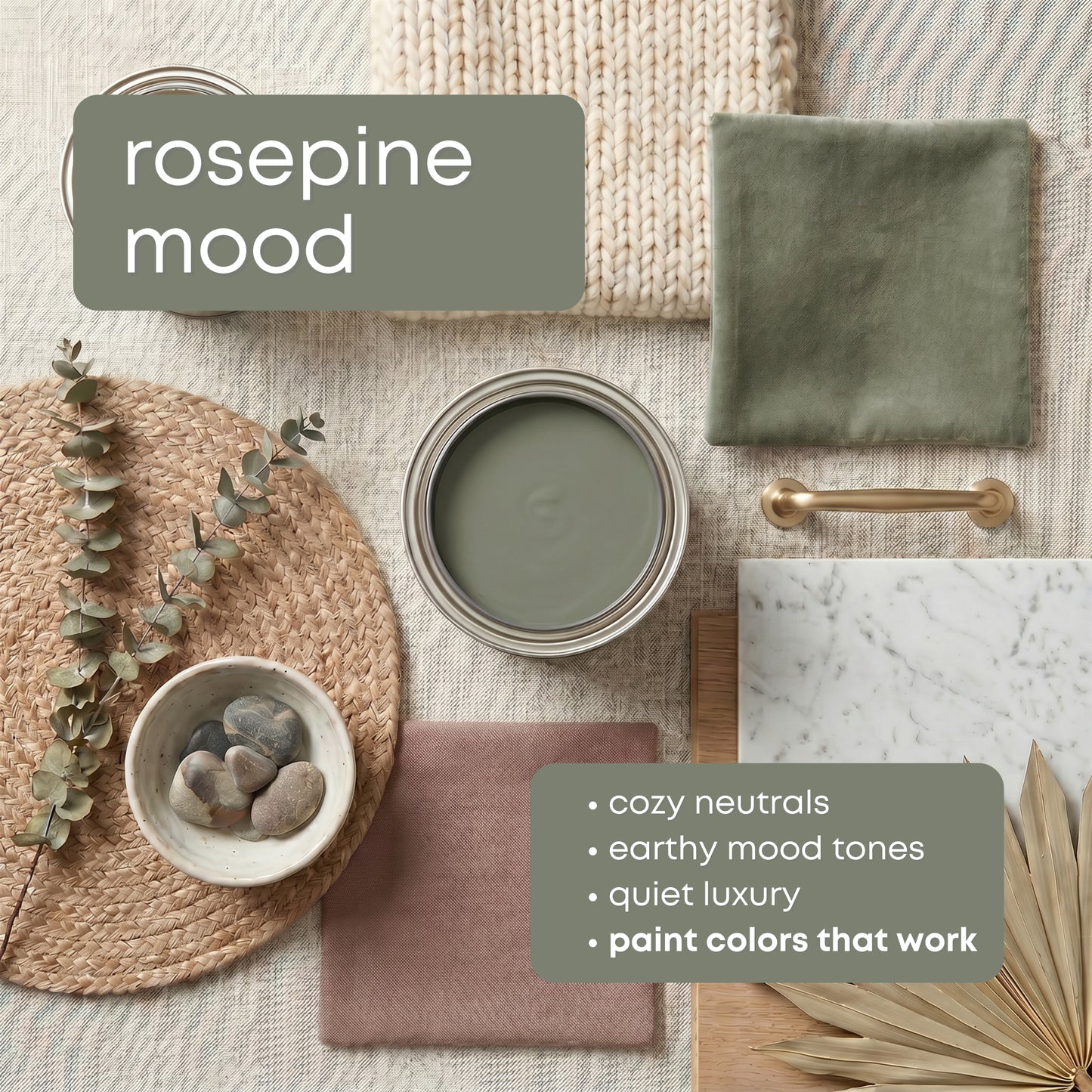Rosepine Benjamin Moore Paint Palette, Timeless Neutral Interior Colors, Whole House Color Scheme, Earthy Green, Fog Mist