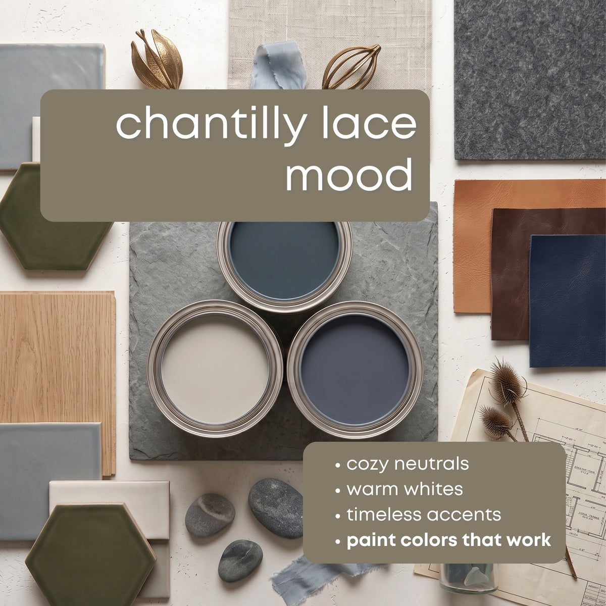 Chantilly Lace Benjamin Moore Paint Palette | Timeless Neutral Interior Paint Colors | Warm Neutrals | Rich Timeless Colors
