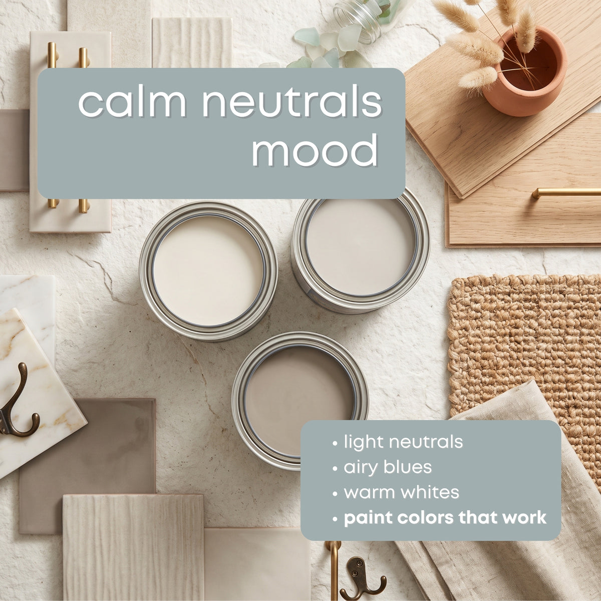 Calm Neutrals Benjamin Moore Paint Palette, Calm Neutral Interior Paint Colors, Beach House Coastal Color Scheme, Pale Oak