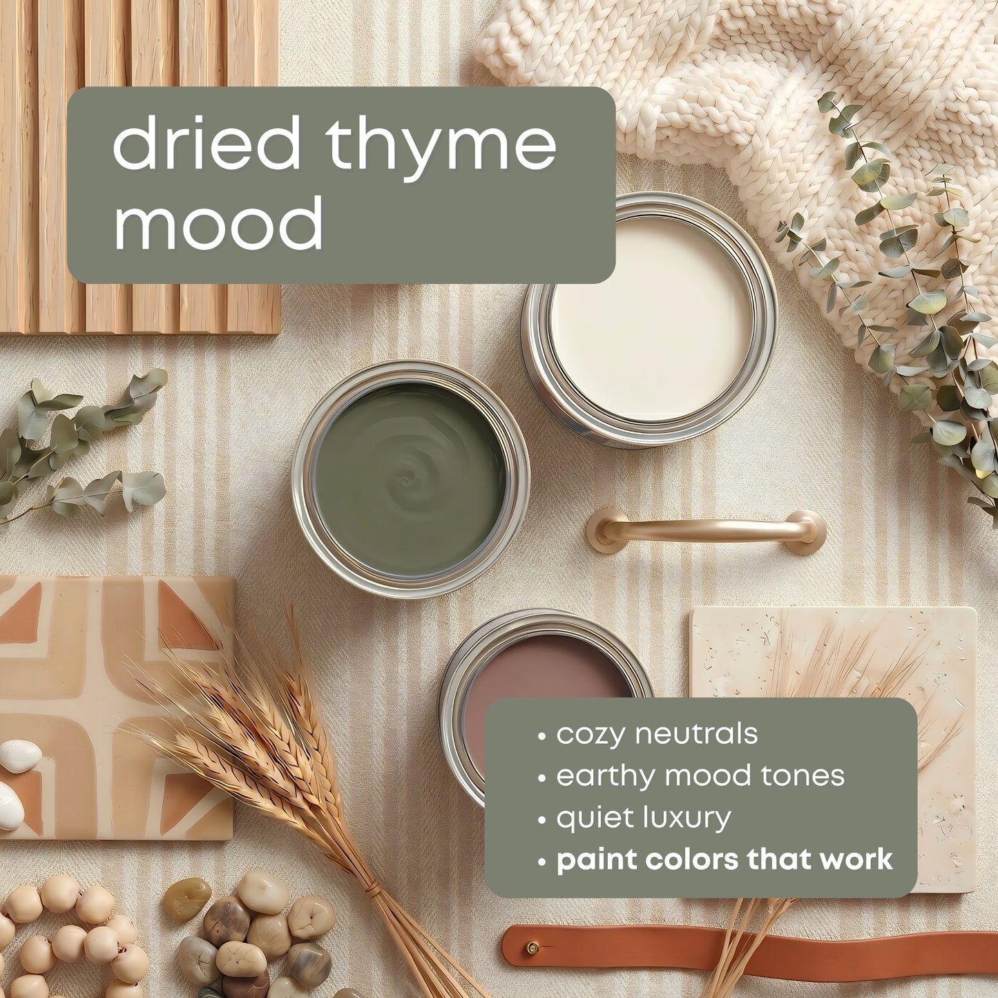 Dried Thyme Sherwin Williams Paint Palette, Timeless Neutral Interior Colors, Whole House Color Scheme, Earthy Green, Aesthetic White