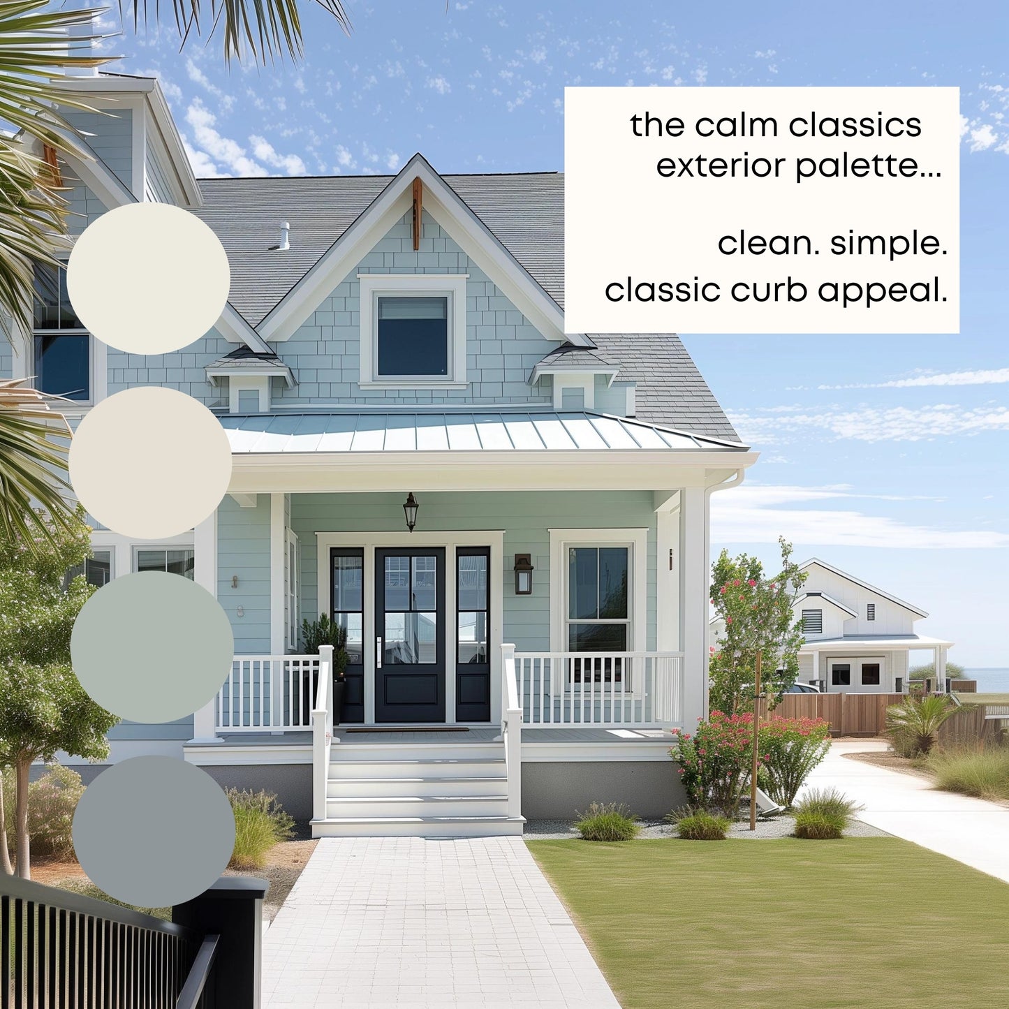 Calm Classics Exterior Sherwin Williams Paint Palette, Modern Exterior Paint Colors, Timeless Exterior Scheme, Classic Palette, Alabaster