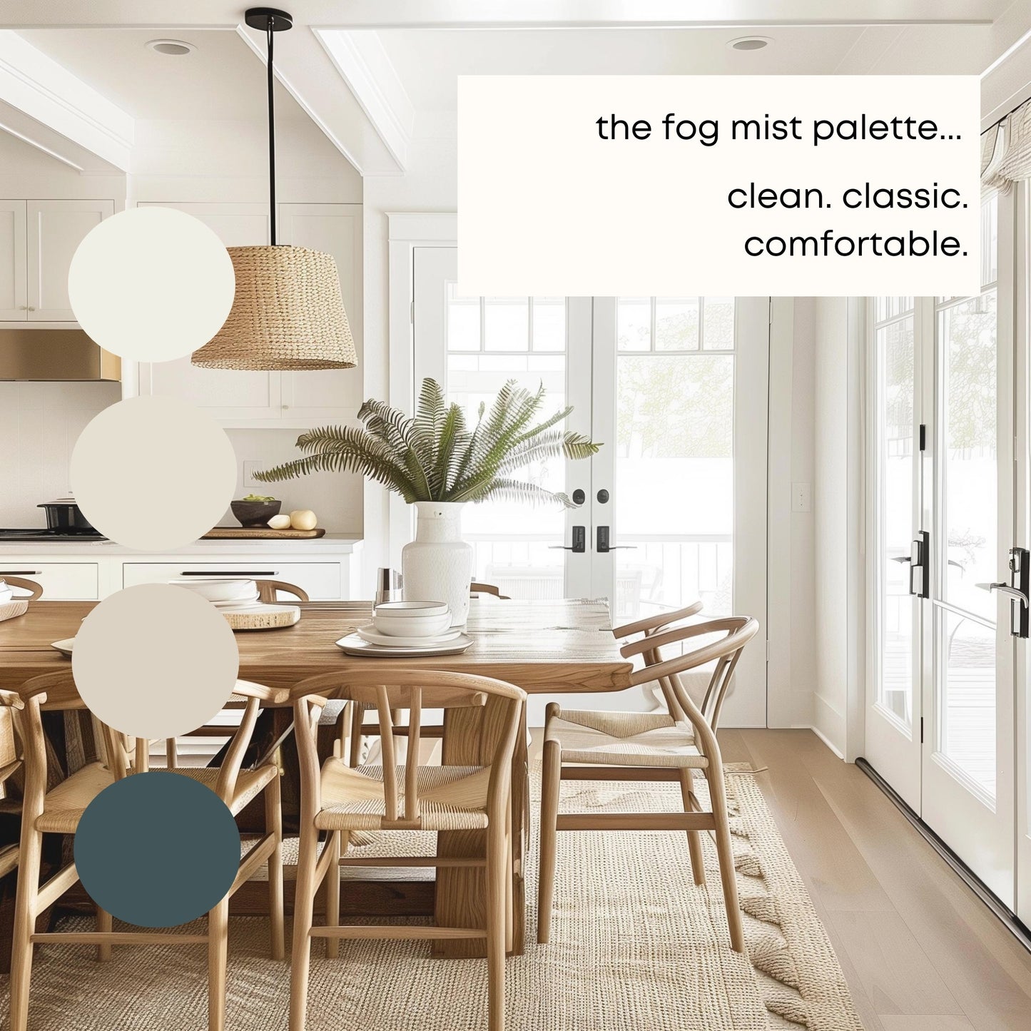 Fog Mist Benjamin Moore Paint Palette, Neutral Interior Paint Colors, Lake House Color Scheme, Hale Navy