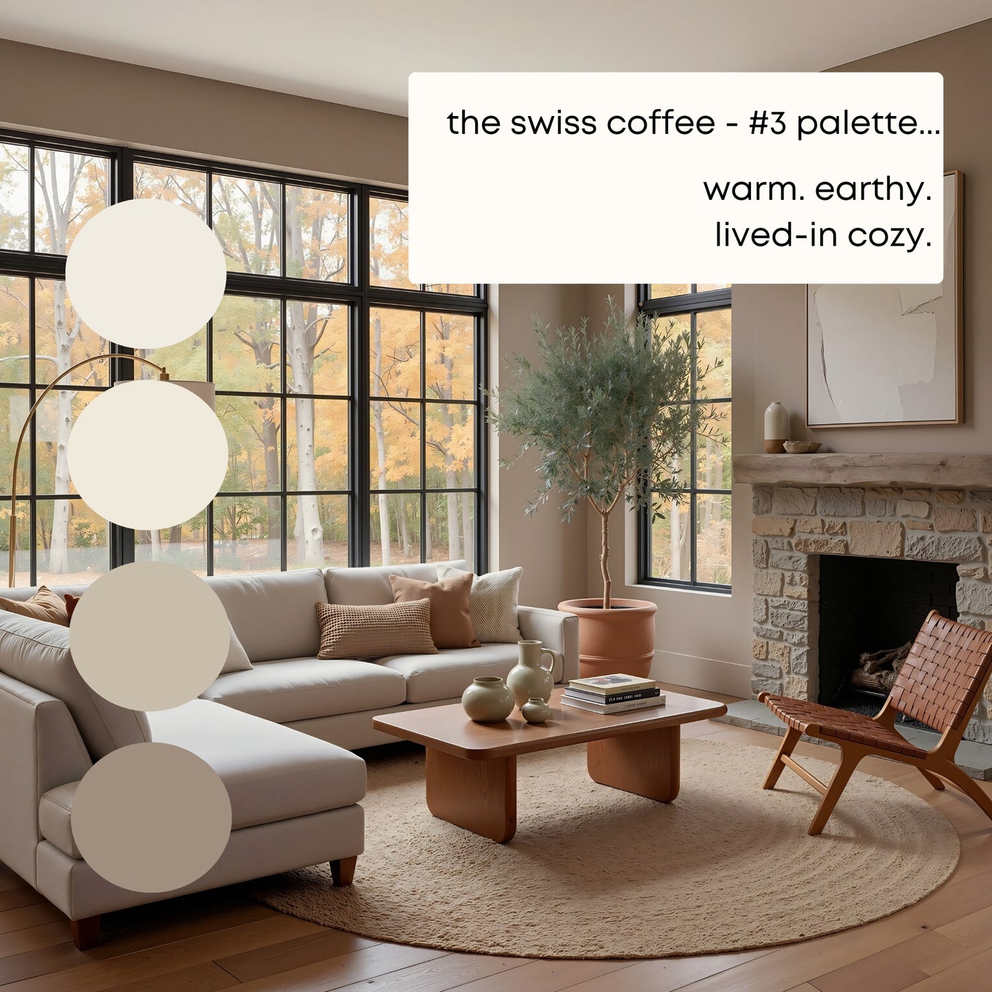 Swiss Coffee - Palette Three, Benjamin Moore Paint Palette, Neutral Interior Paint Colors, Rustic Mediterranean Coastal Color Scheme