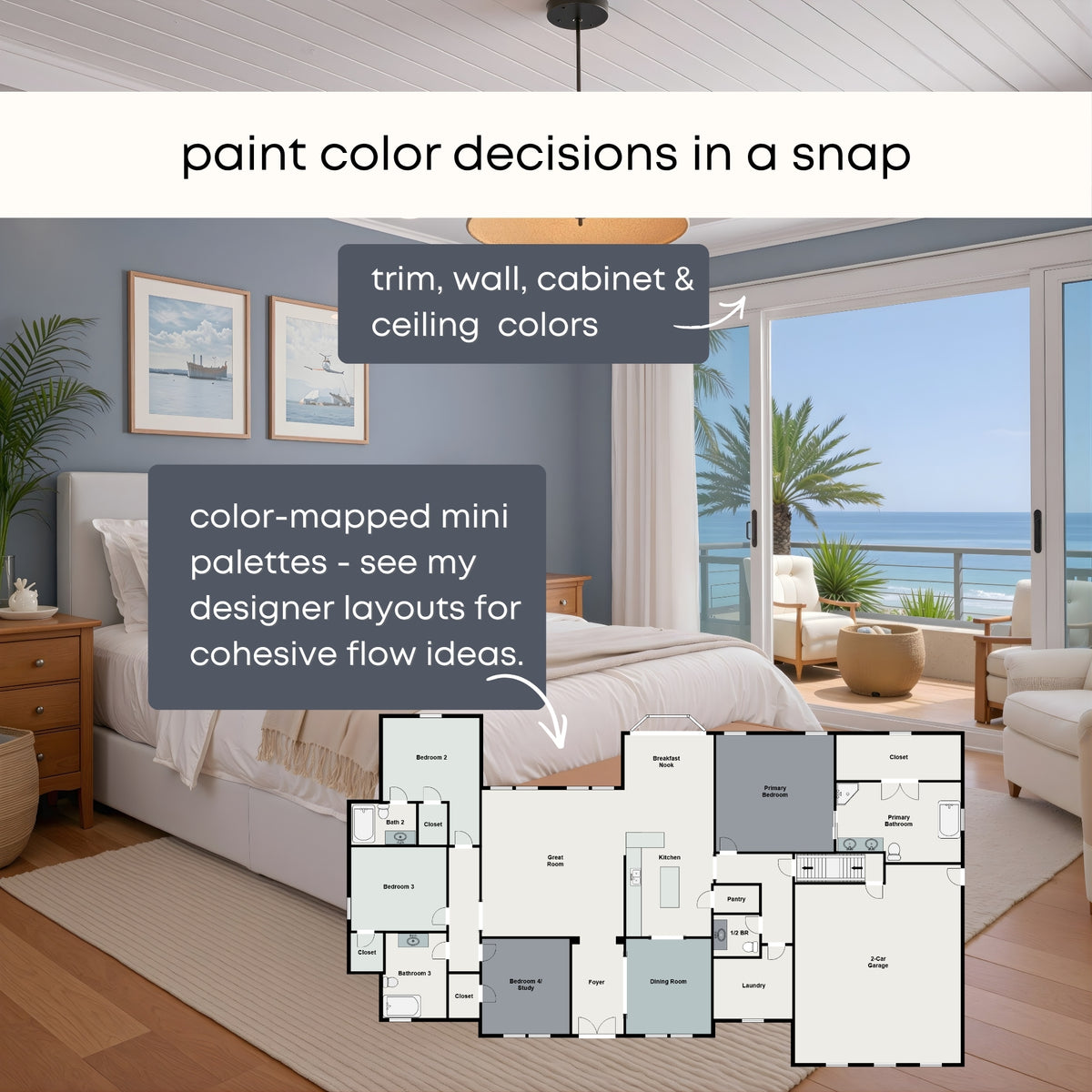 Calm Coastal - Palette Two | Sherwin Williams Paint Palette, Neutral Coastal Interior Paint Colors for Home, Coastal Color Scheme, Pure White