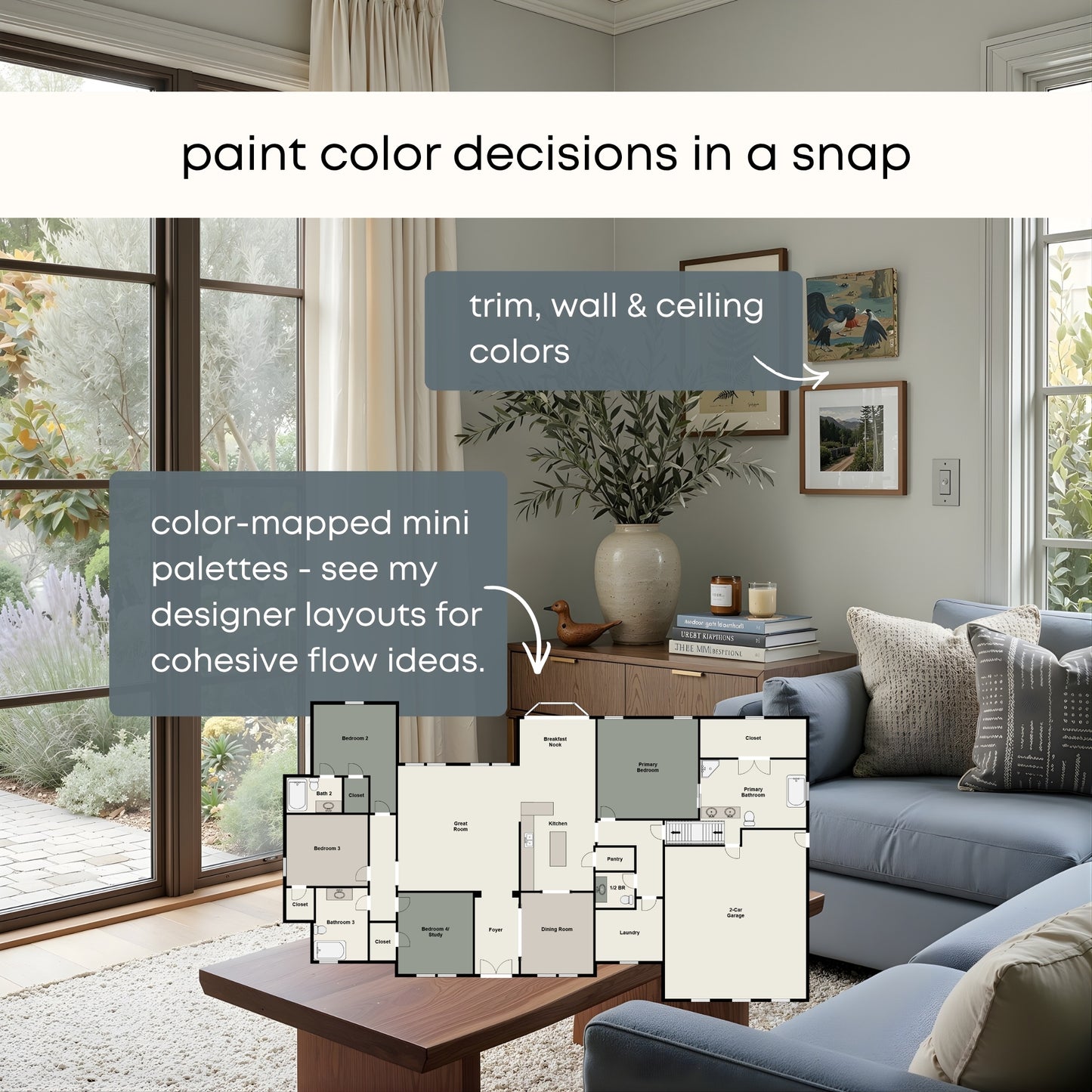 Swiss Coffee Benjamin Moore Paint Palette Collection, Neutral Interior Paint Colors for Home | Warm Whites  | Timeless Blues and Greens