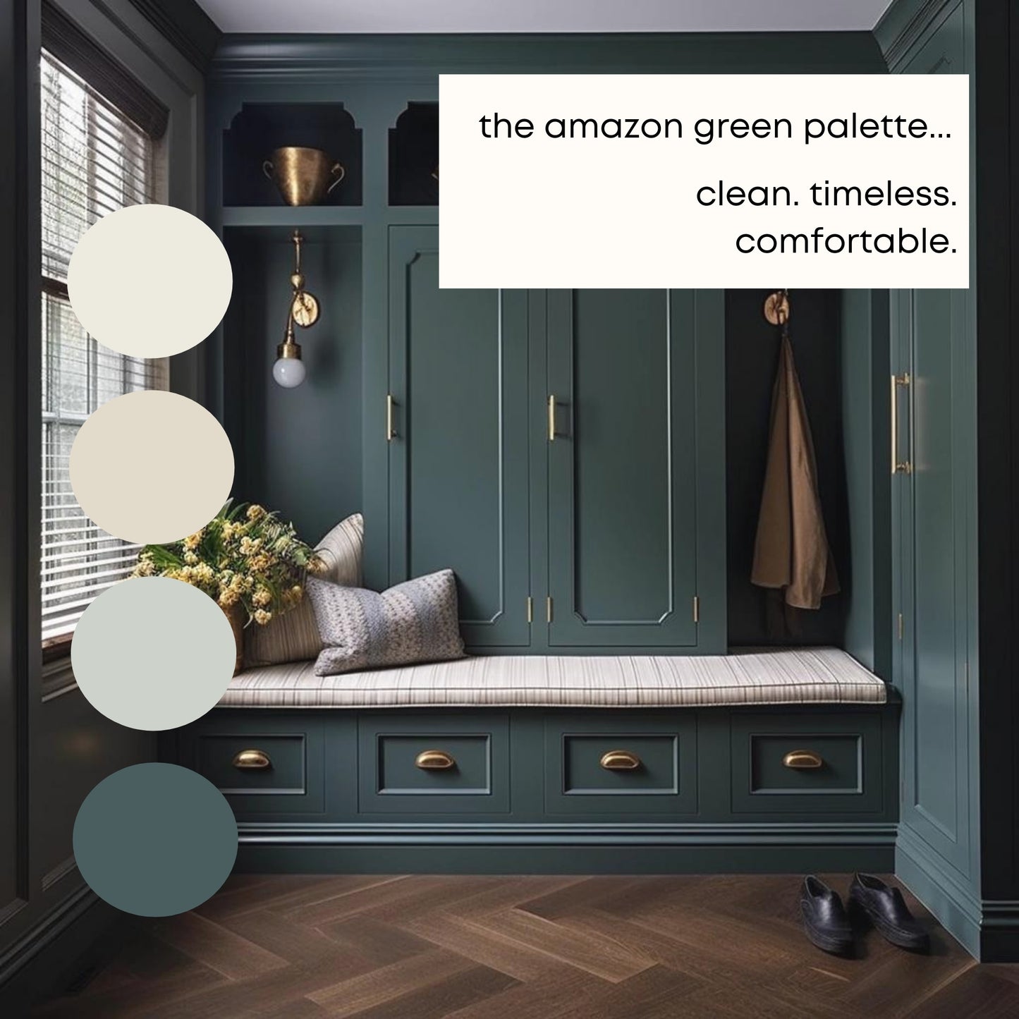 Amazon Green Benjamin Moore Paint Palette - Modern Neutral Interior Paint Colors for Home, Coastal Interior Design Color Palette, Lake House, Benjamin Moore Elmira White