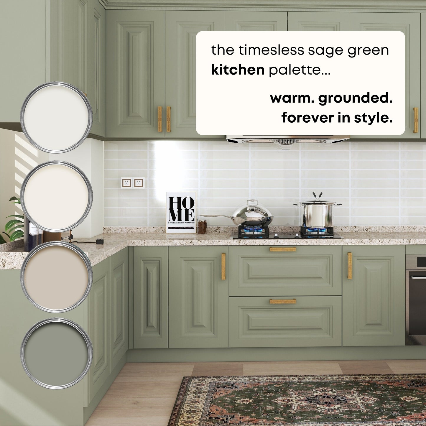 Timeless Sage Green Kitchen Materials Palette, Materials and Paint Colors for Renovation and New Build Kitchen Projects
