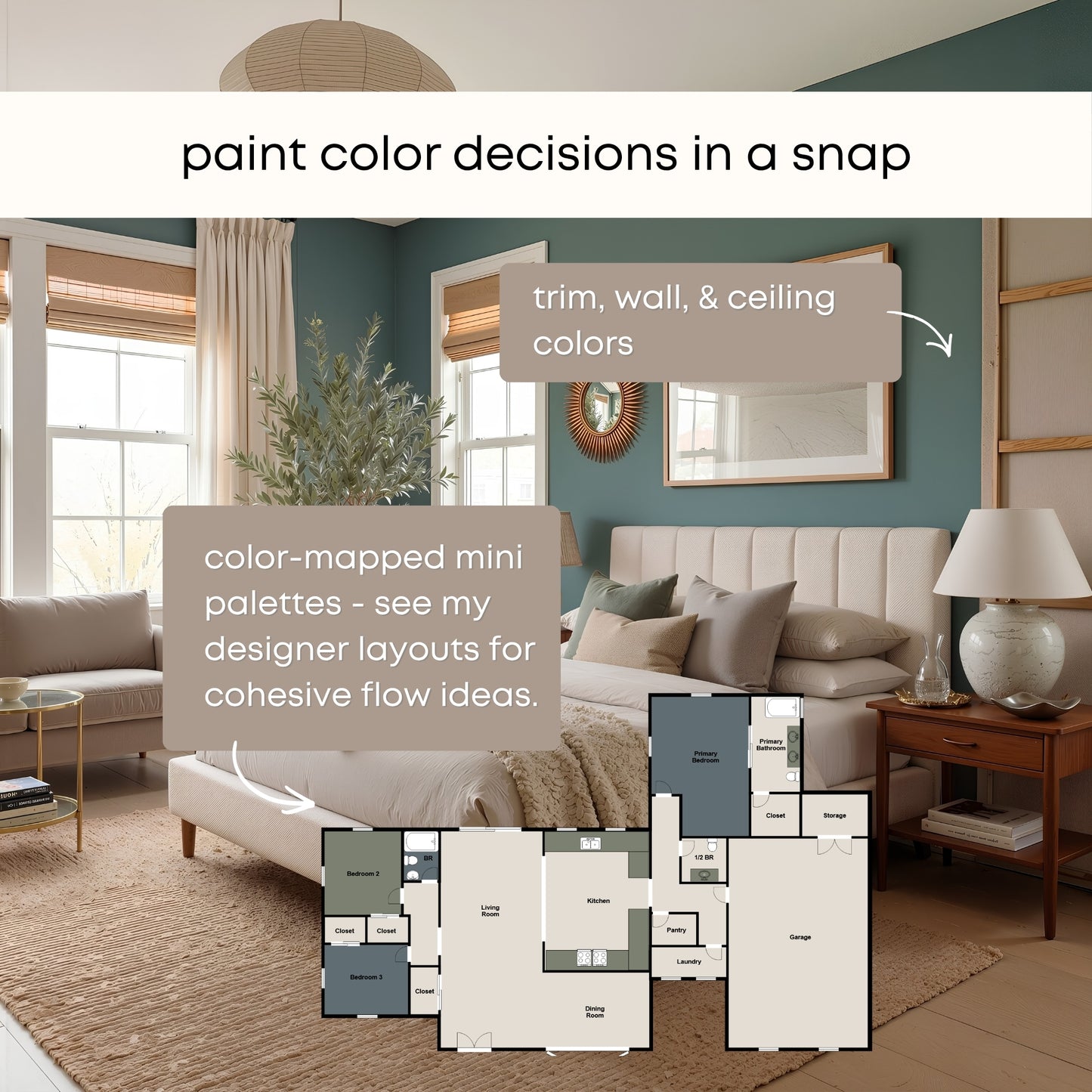 Rosepine Benjamin Moore Paint Palette, Timeless Neutral Interior Colors, Whole House Color Scheme, Earthy Green, Fog Mist