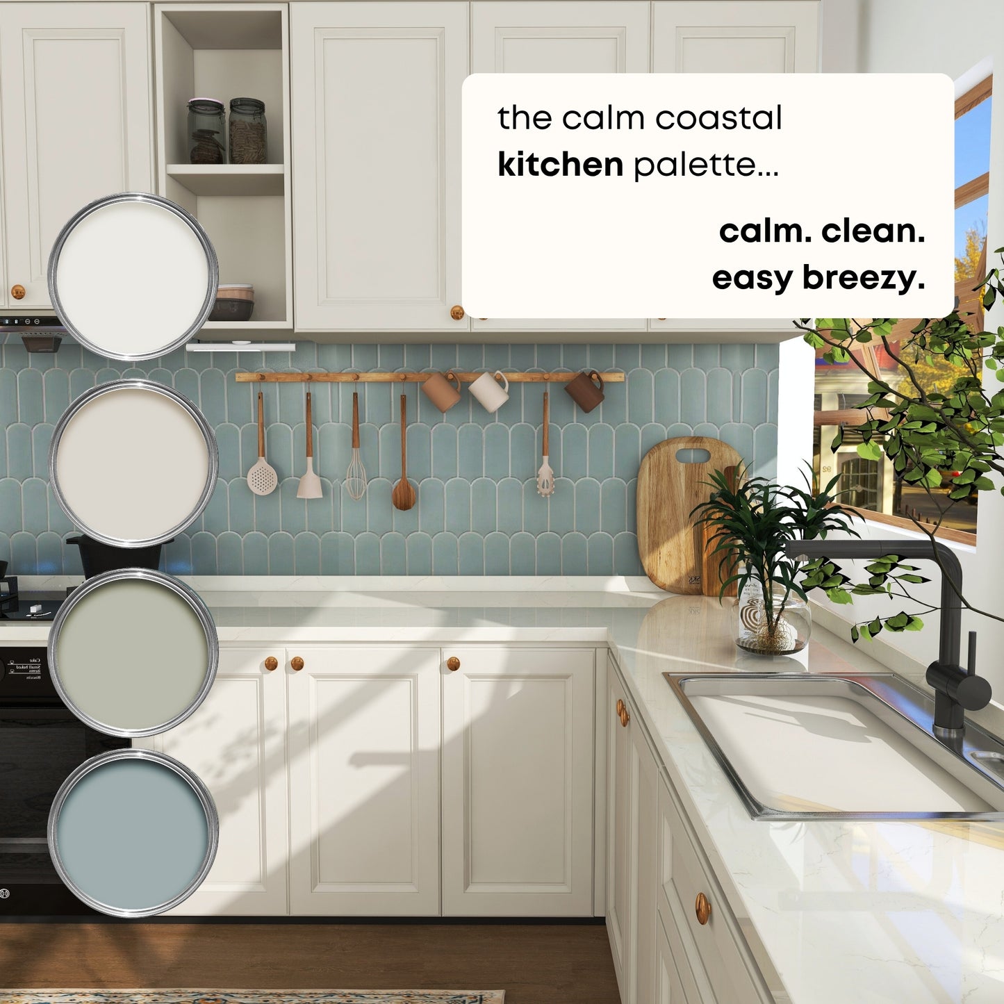 Calm Coastal Kitchen Materials Palette, Materials and Paint Colors for Renovation and New Build Kitchen Projects