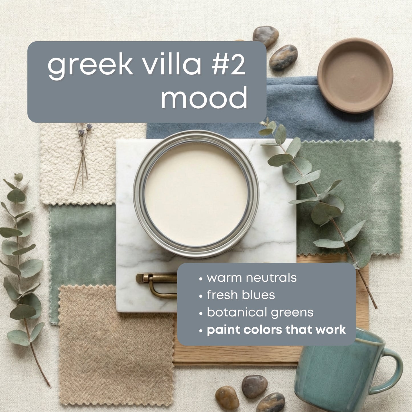 Greek Villa Sherwin Williams Paint Palette Collection, Neutral Interior Paint Colors for Home | Warm Whites | Timeless Blues and Greens