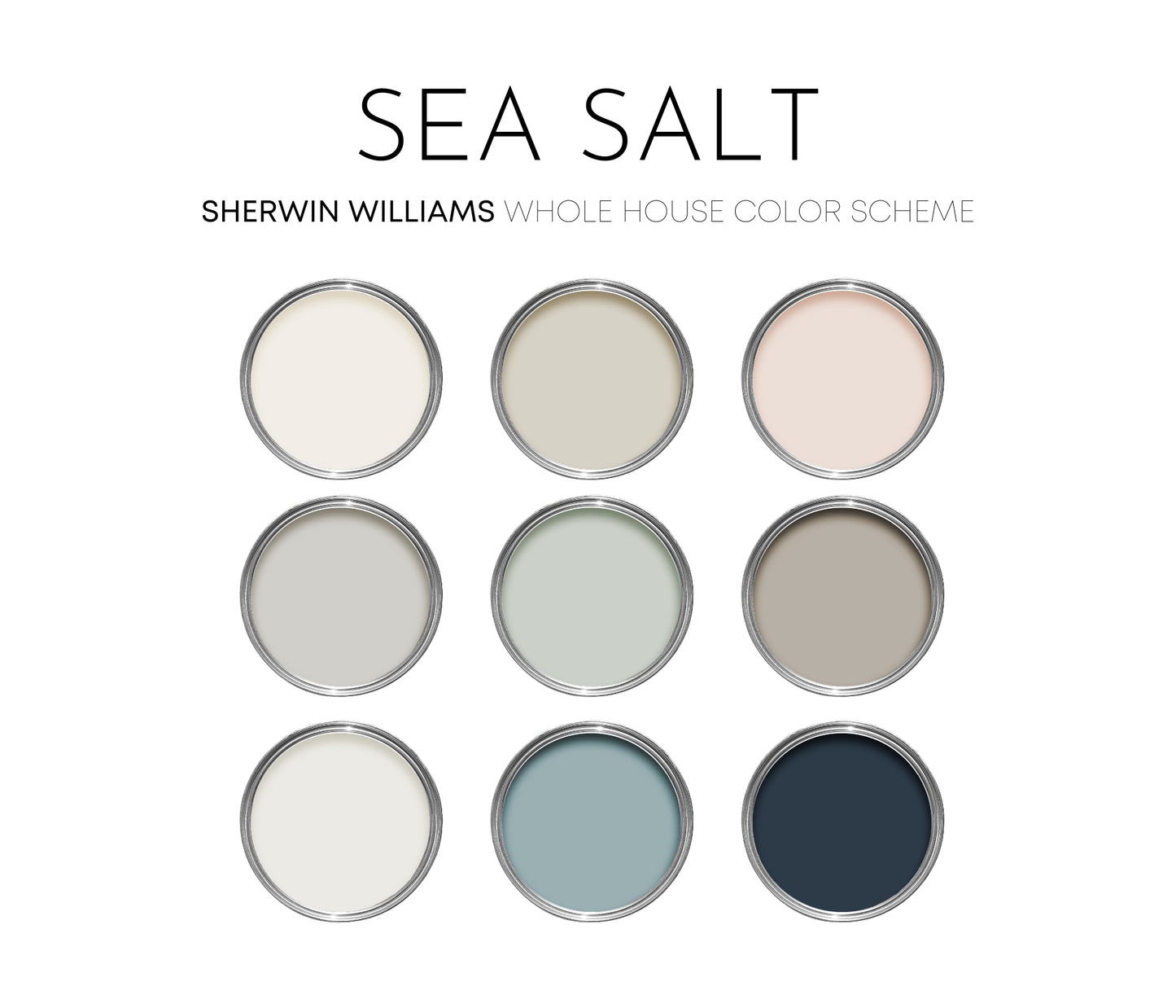Sea Salt Sherwin Williams Paint Palette, Modern Coastal Interior Paint Colors for Home, Coastal Interior Design Color Palette, Naval