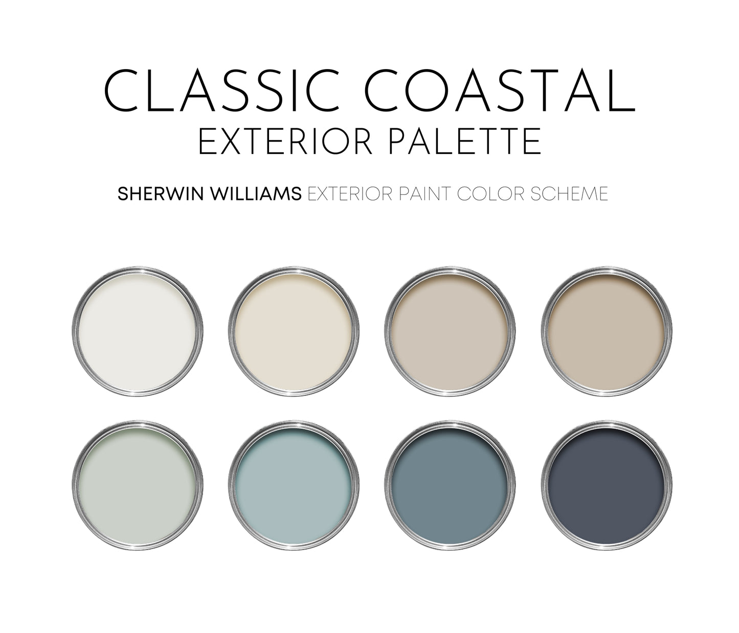 Classic Coastal Exterior Sherwin Williams Paint Palette, Beach House Exterior Paint Colors, Coastal Exterior Scheme, Classic Palette