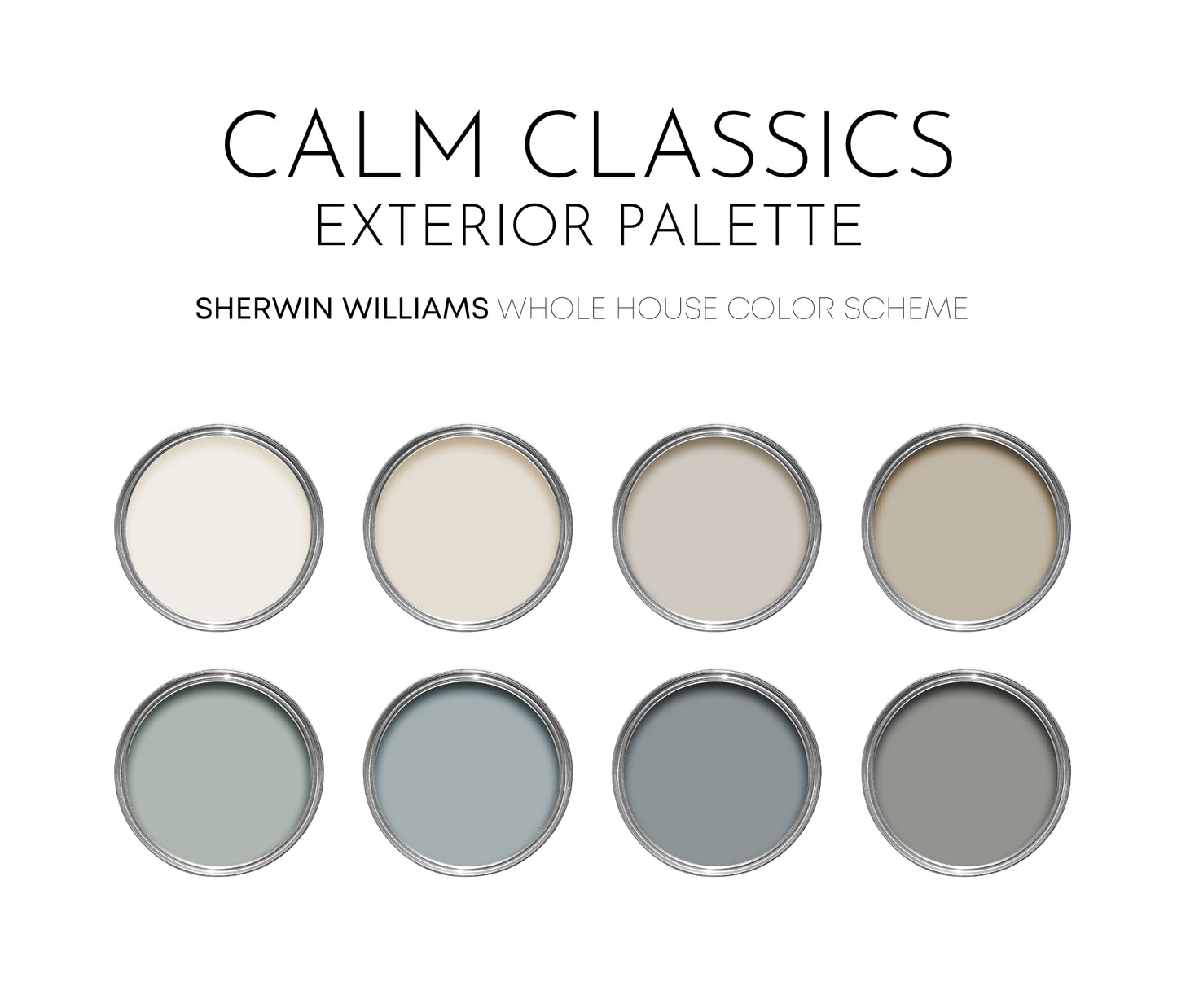 Calm Classics Exterior Sherwin Williams Paint Palette, Modern Exterior Paint Colors, Timeless Exterior Scheme, Classic Palette, Alabaster