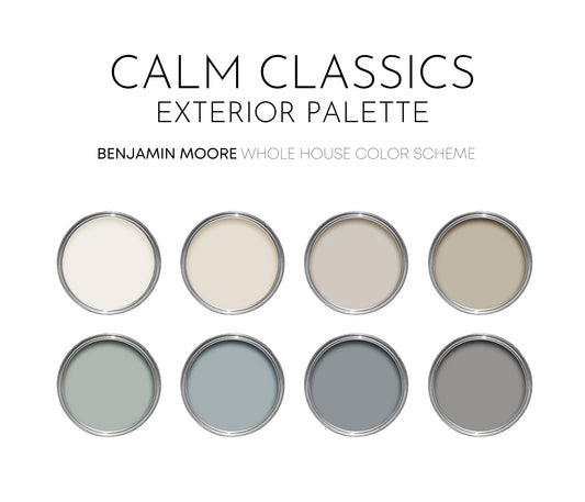 Calm Classics Exterior Benjamin Moore Paint Palette, Modern Exterior Paint Colors, Timeless Exterior Scheme, Classic Palette, Ballet White