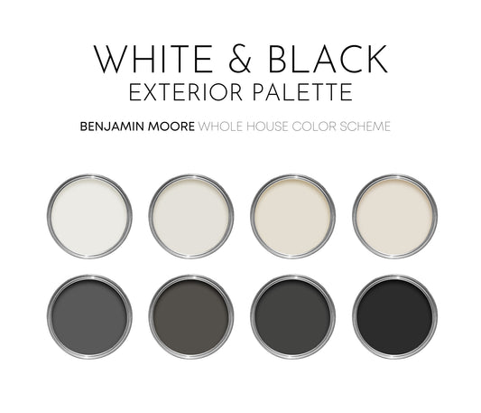 White and Black Exterior Benjamin Moore Paint Palette, Neutral Interior Paint Colors, Modern Farmhouse Color Scheme, White Heron