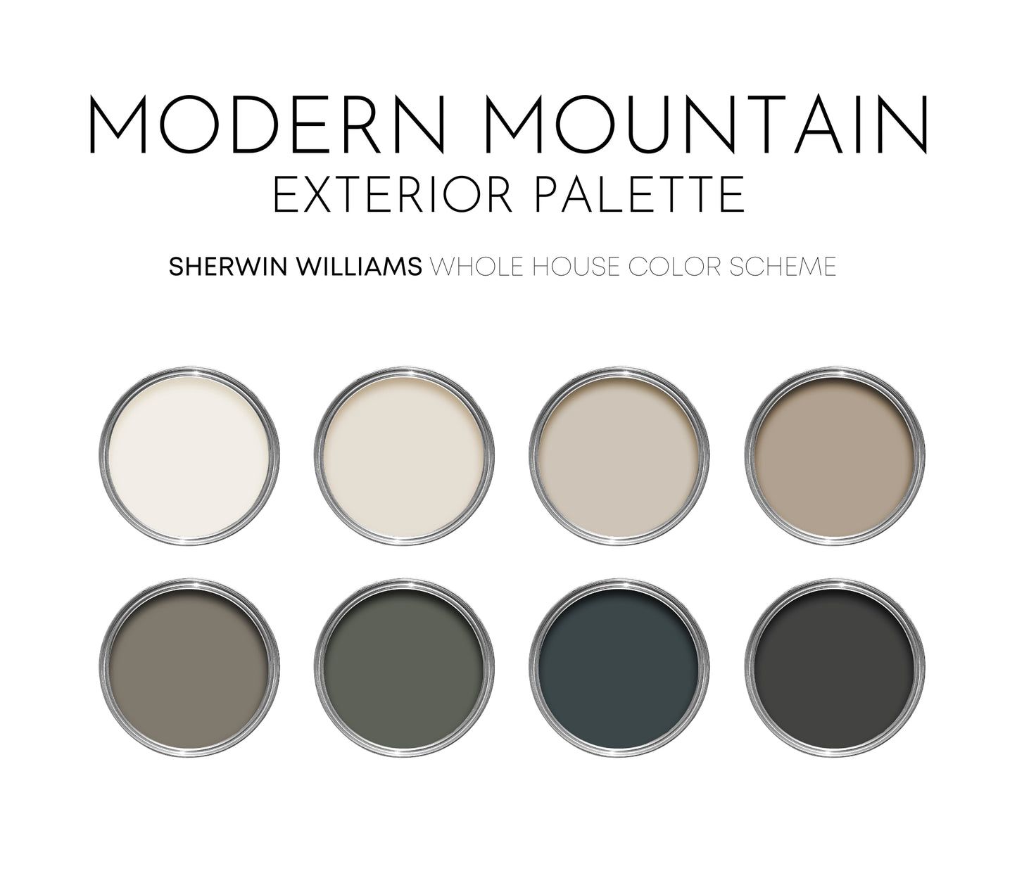 Modern Mountain Exterior Sherwin Williams Paint Palette, Neutral Interior Paint Colors, Modern Farmhouse Color Scheme, Pure White