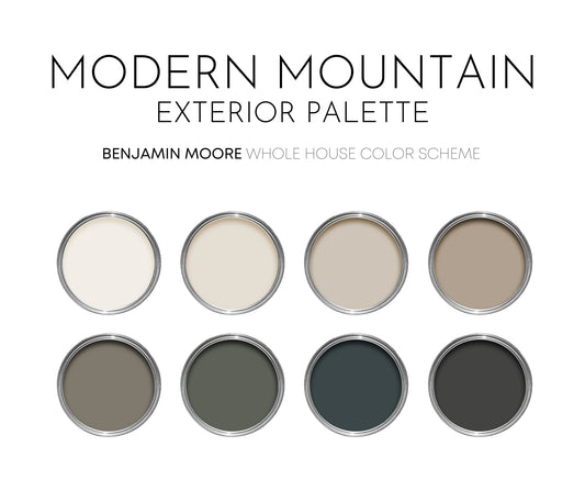 Modern Mountain Exterior Benjamin Moore Paint Palette, Neutral Interior Paint Colors, Modern Farmhouse Color Scheme, White Dove