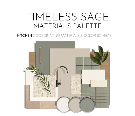Timeless Sage Green Kitchen Materials Palette, Materials and Paint Colors for Renovation and New Build Kitchen Projects