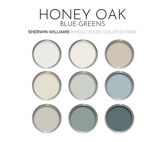 Honey Oak Blue Greens Sherwin Williams Paint Palette, Paint Colors for Home, Modern Neutrals, Color Scheme, Colors for Honey Oak, Sea Salt