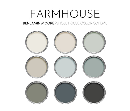 Farmhouse Benjamin Moore Paint Palette, Neutral Interior Paint Colors, Modern Farmhouse Color Scheme, Revere Pewter