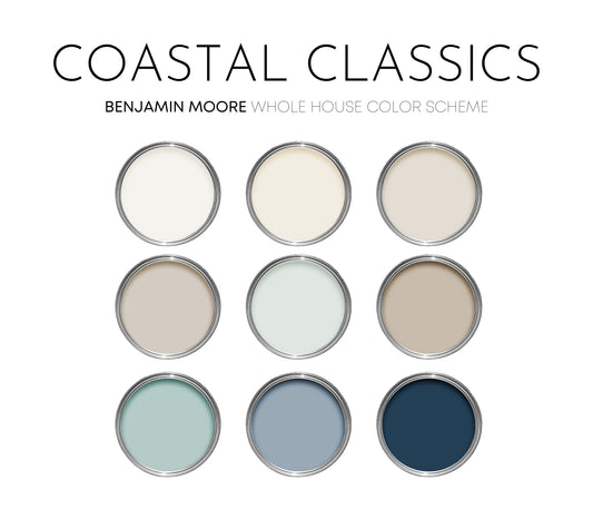 Coastal Classics Benjamin Moore Paint Palette, Paint Colors for Home, Cottage Neutrals, Whole House Scheme, Beach House Colors, Chantilly Lace