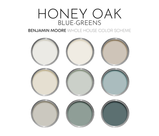 Honey Oak Blue Greens Benjamin Moore Paint Palette, Paint Colors for Home, Modern Neutrals, Color Scheme, Colors for Honey Oak, Elmira White