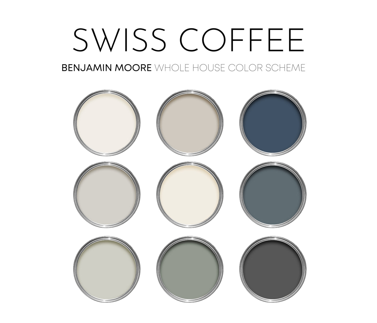 Swiss Coffee Benajmain Moore Paint Palette, Modern Neutral Interior Paint Colors for Home, Swiss Coffee Compliments, Warm Whites, Apparition