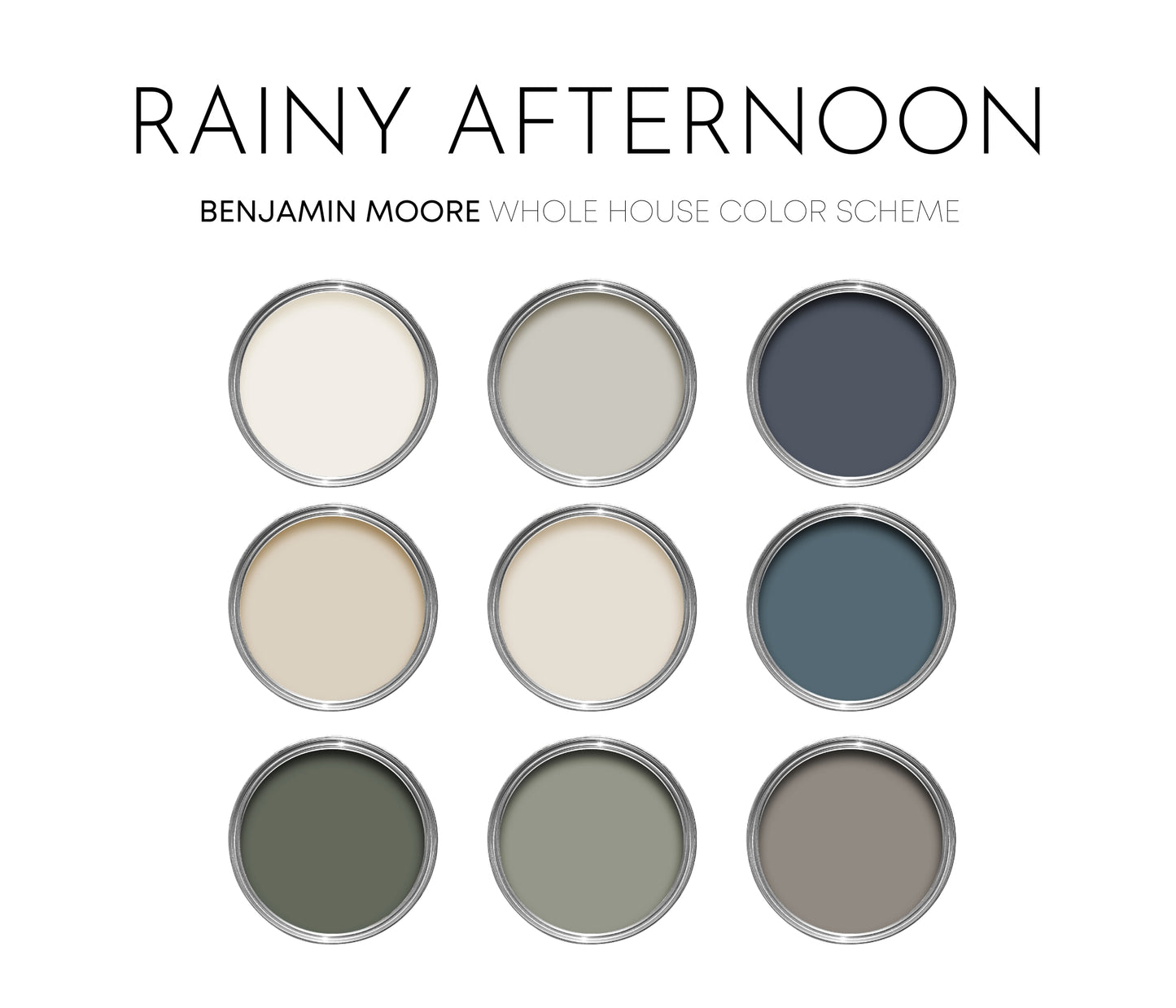 Rainy Afternoon Benjamin Moore Paint Palette, Modern Neutral Interior Paint Colors for Home, Rainy Afternoon Compliments, Warm Whites, White Dove