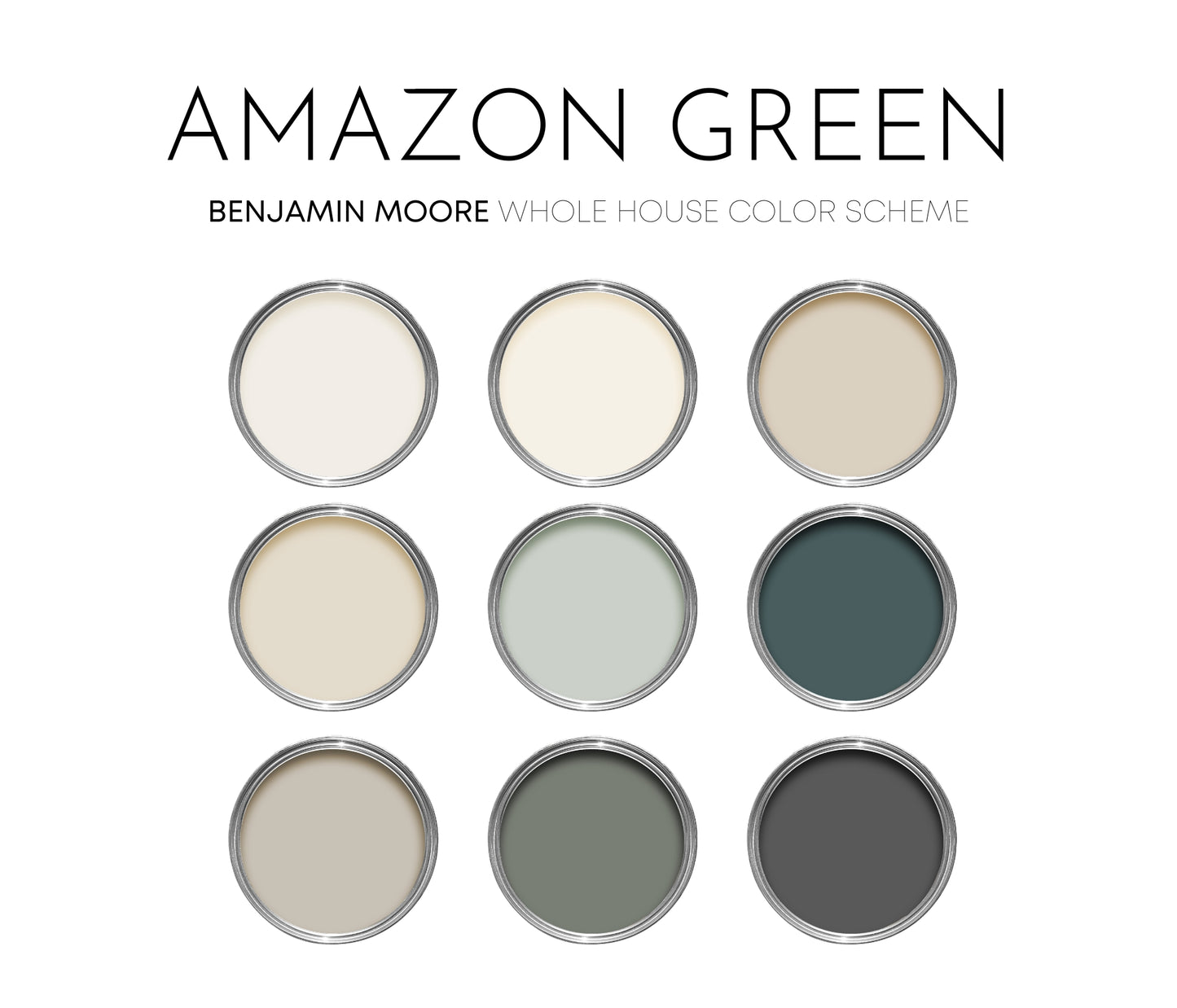 Amazon Green Benjamin Moore Paint Palette - Modern Neutral Interior Paint Colors for Home, Coastal Interior Design Color Palette, Lake House, Benjamin Moore Elmira White