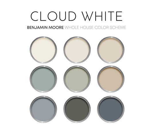Cloud White Benjamin Moore Paint Palette, Neutral Interior Paint Colors, Transitional, Mediterranean Coastal Color Scheme