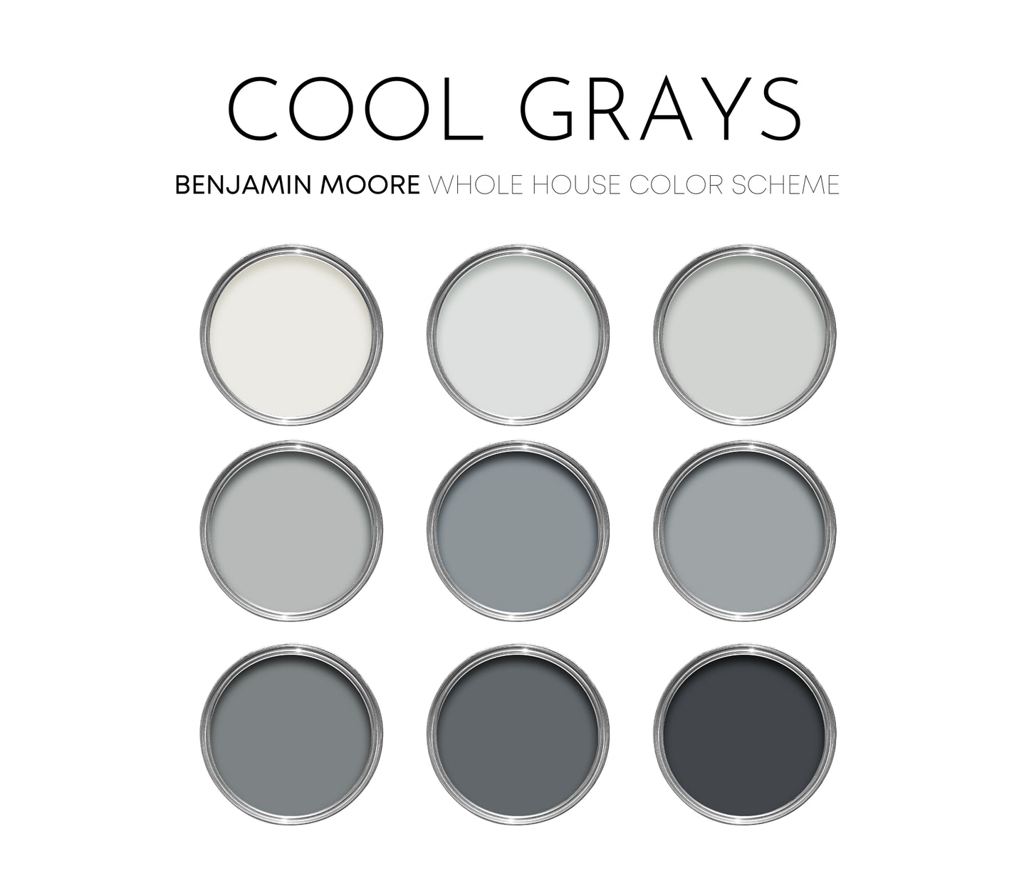 Cool Grays Benjamin Moore Paint Palette, Interior Paint Colors for Home, Cool Grays, Coastal Colors, Modern Neutrals, White Heron