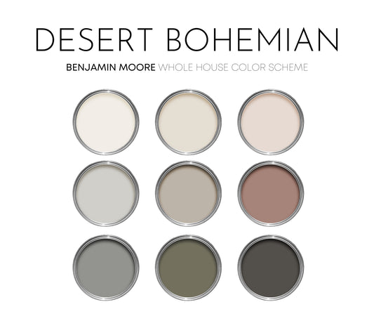 Desert Bohemian Benjamin Moore Paint Palette, Paint Colors for Home, Modern Neutrals, Color Scheme, Organic Earth Tones, White Dove