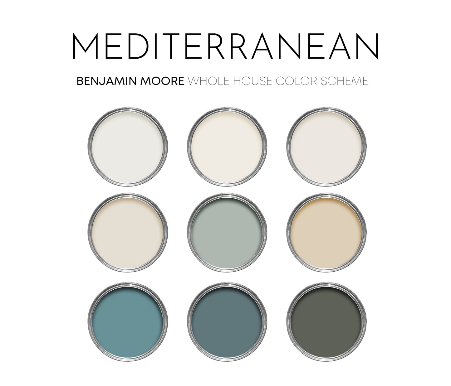 Mediterranean Benjamin Moore Paint Palette - Modern Neutral Interior Paint Colors for Home, Coastal Interior Design Color Palette, Mediterranean Boho, Providence Blue Compliments