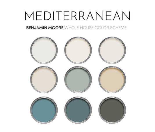 Mediterranean Benjamin Moore Paint Palette - Modern Neutral Interior Paint Colors for Home, Coastal Interior Design Color Palette, Mediterranean Boho, Providence Blue Compliments