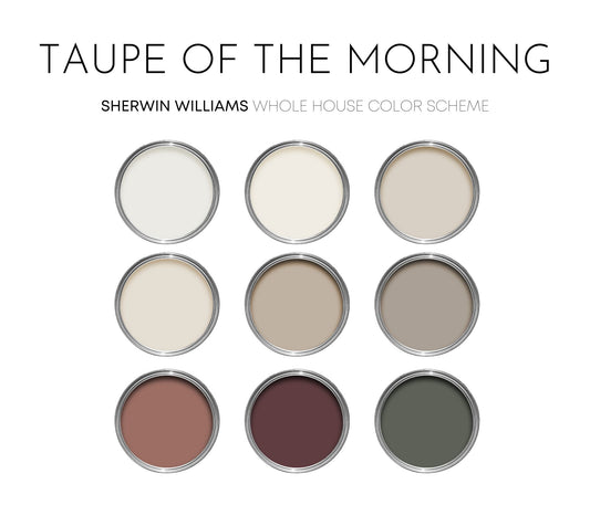 Taupe of the Morning Sherwin Williams Paint Palette, Neutral Interior Paint Colors, Transitional, Warm Neutral Color Scheme, Cordovan