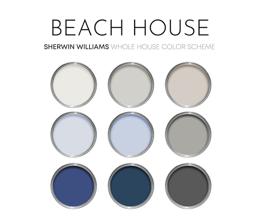 Beach House Sherwin Williams Paint Palette, Interior Paint Colors for Home, Cool Grays, Coastal Colors, Pure White