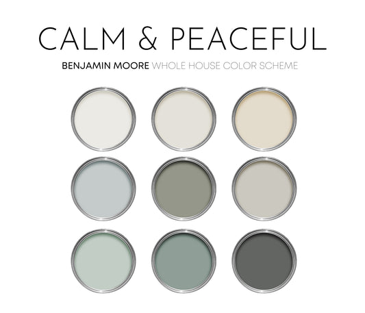 Calm and Peaceful Benjamin Moore Paint Palette, Neutral Interior Paint Colors, Coastal Color Scheme, White Heron
