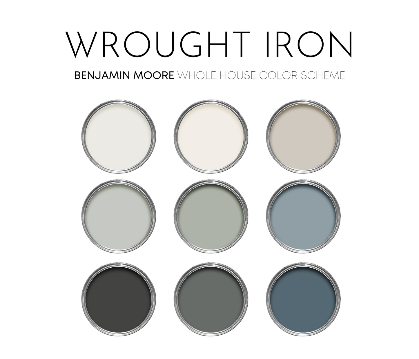 Wrought Iron Benjamin Moore Paint Palette, Modern Neutral Interior Paint Colors, Wrought Iron Color Scheme, Wrought Iron Compliments, Spellbound
