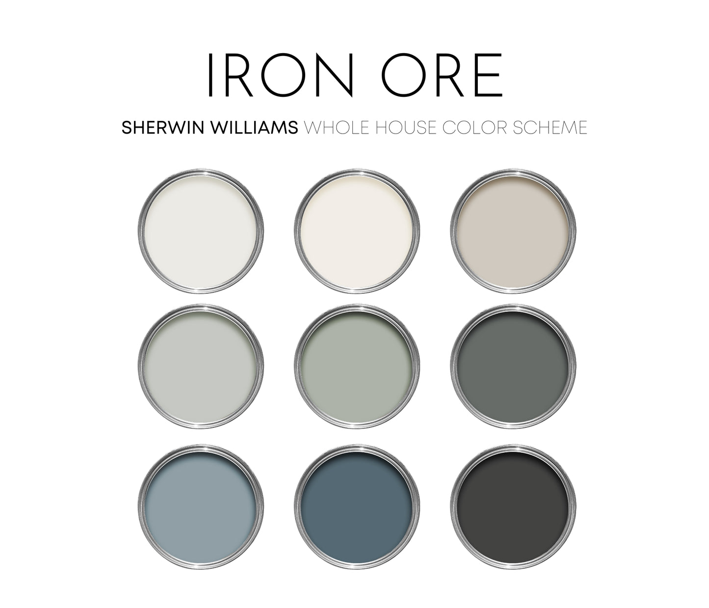 Iron Ore Sherwin Williams Paint Palette, Modern Neutral Interior Paint Colors, Iron Ore Color Scheme, Iron Ore Compliments, Agreeable Gray