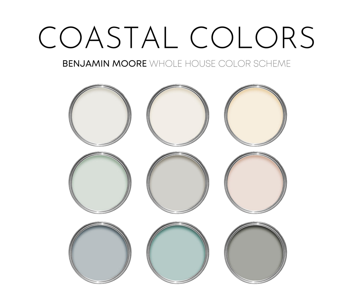 Coastal Colors Benjamin Moore Paint Palette, Interior Paint Colors for Home, Cottage Colors, Coastal Colors, Blue
