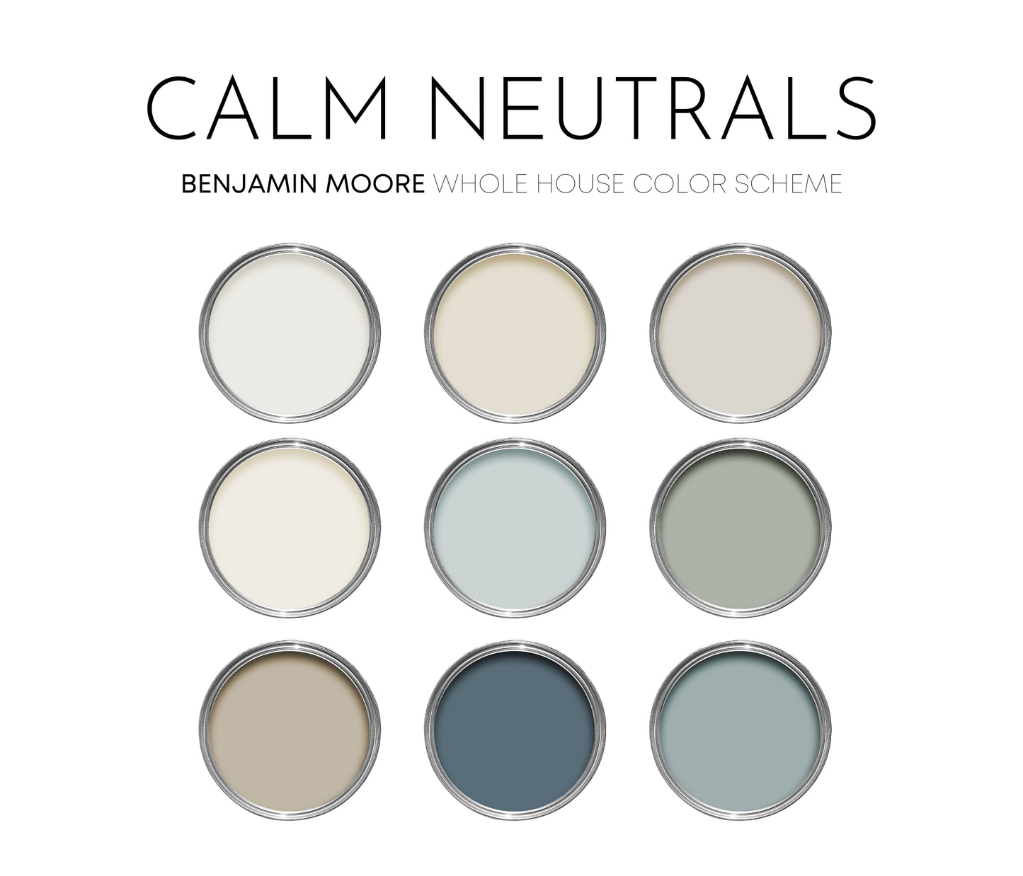 Calm Neutrals Benjamin Moore Paint Palette, Calm Neutral Interior Paint Colors, Beach House Coastal Color Scheme, Pale Oak