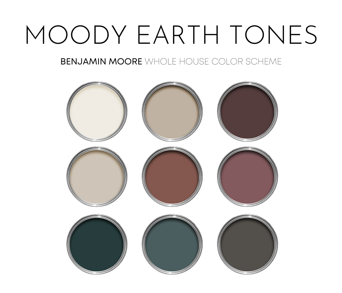 Moody Earth Tones, Benjamin Moore Paint Palette, Earthy Neutrals, Interior Paint Colors, Coordinating Interior Design, Color Palette, Smokey Taupe