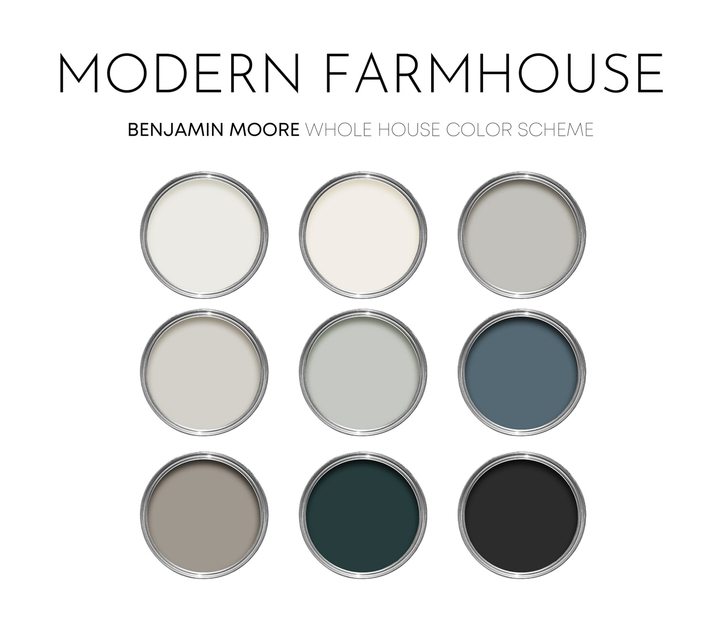 Modern Farmhouse Benjamin Moore Paint Palette, Neutral Interior Paint Colors, Modern Farmhouse Color Scheme, Swiss Coffee