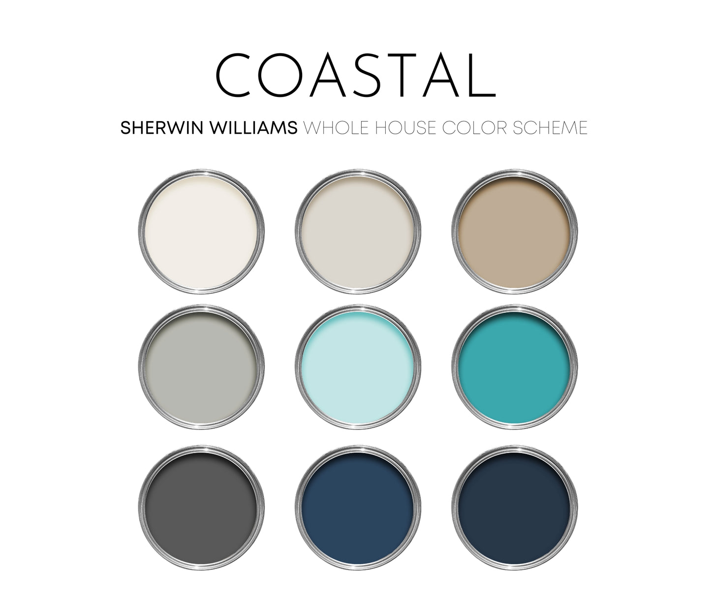Coastal Sherwin Williams Paint Palette, Interior Paint Colors for Home, Cool Grays, Coastal Colors, In the Navy