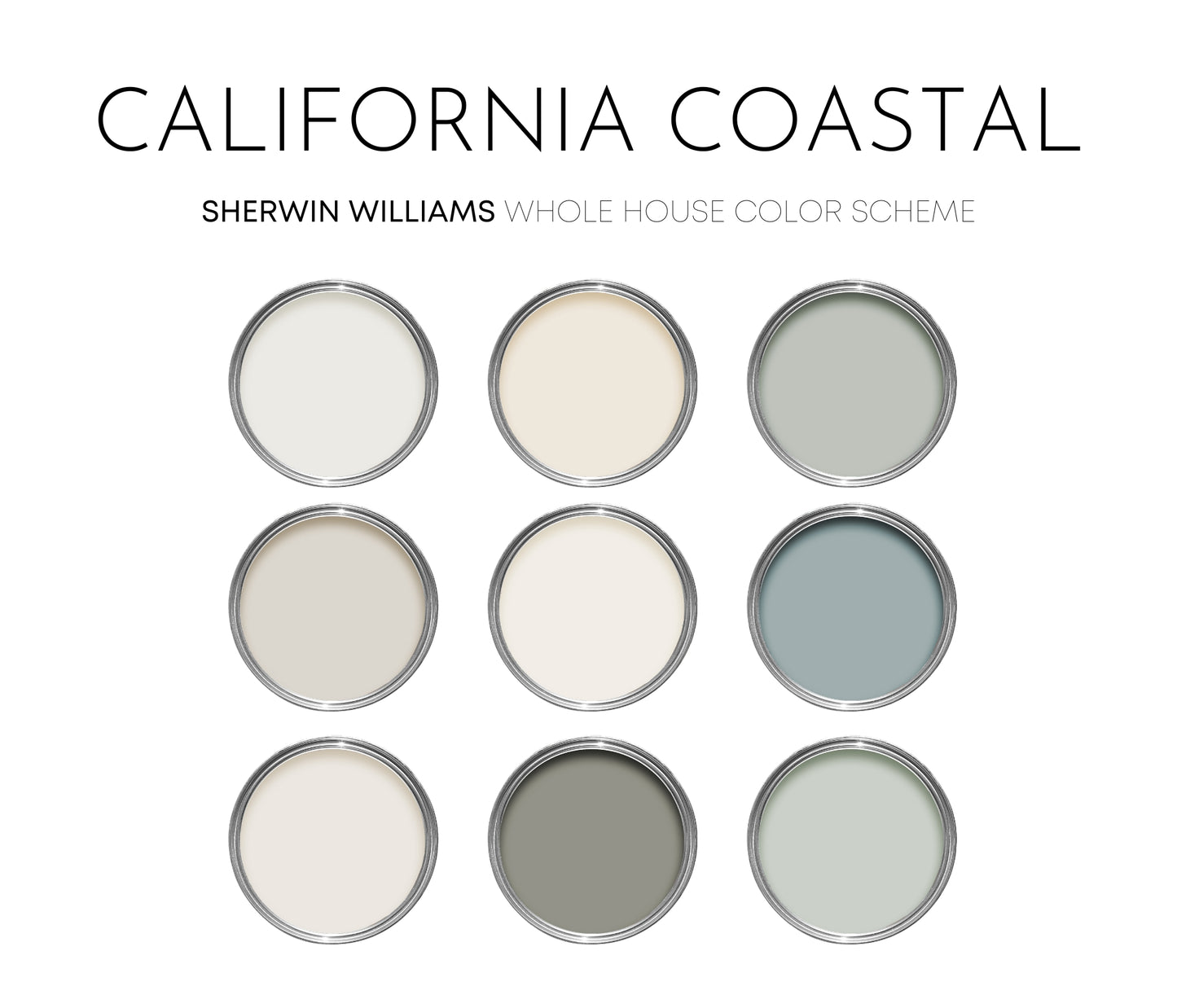 California Coastal Sherwin Williams Paint Palette - Airy Coastal, Neutral Interior Paint Colors for Home, Beach House Interior Design Color Palette, Marshmallow