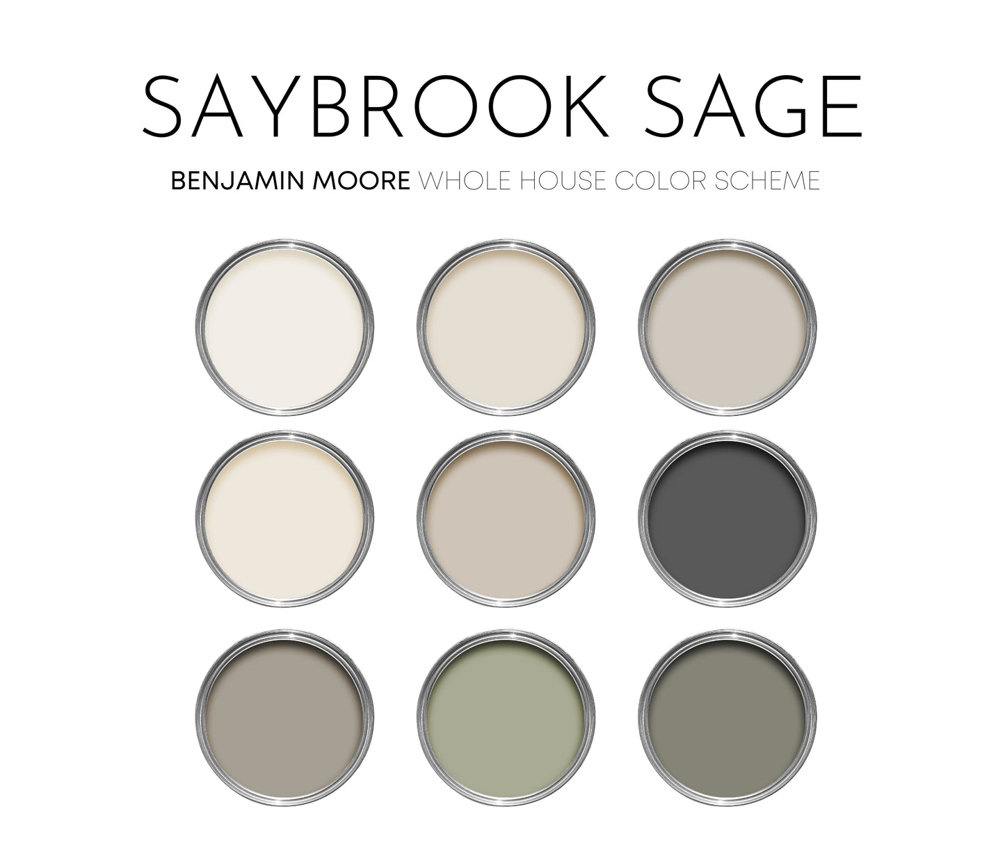 Saybrook Sage Benjamin Moore Paint Palette, Warm Neutral Interior Paint Colors, Cottage Color Scheme, White Dove